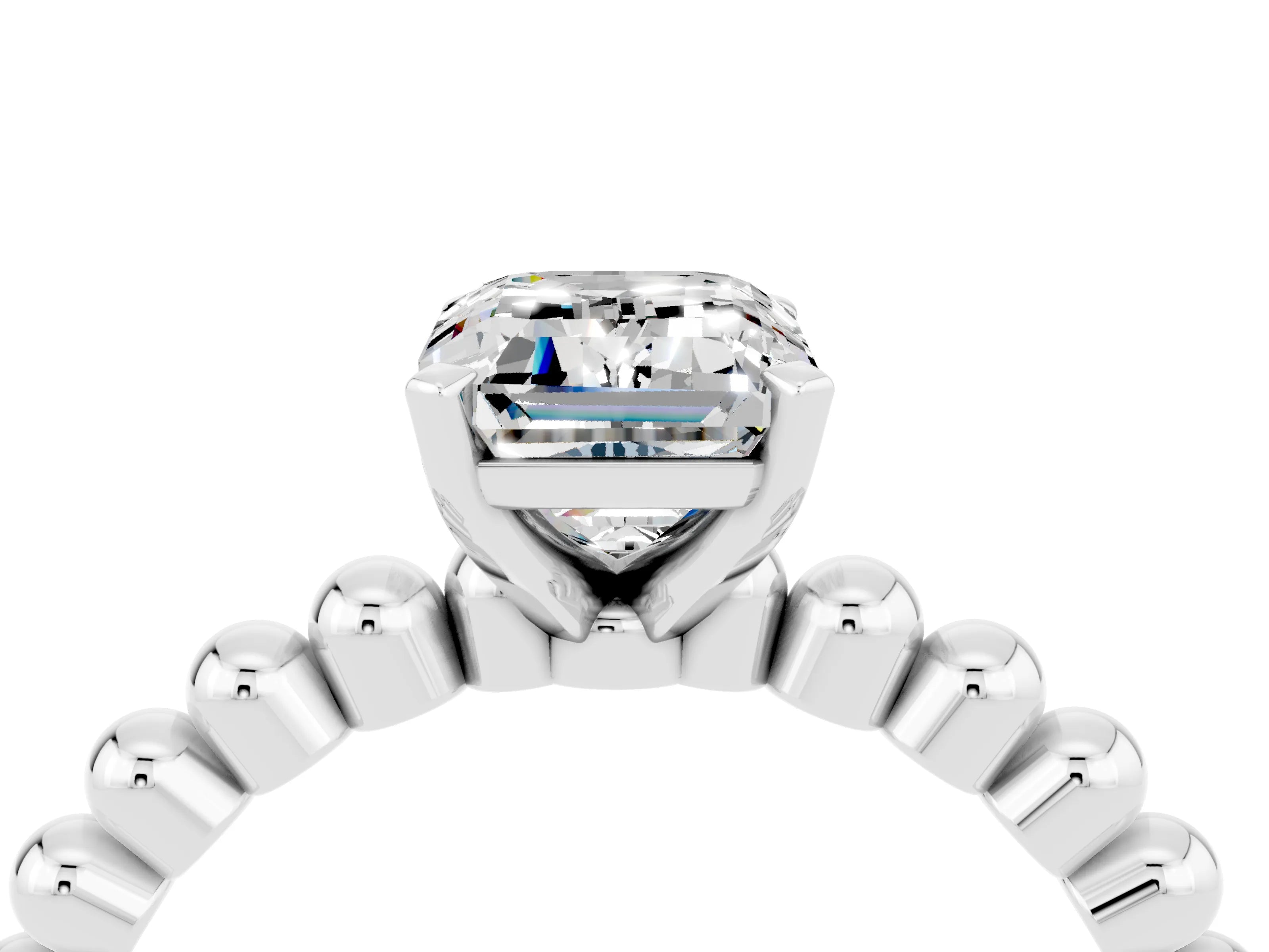 White gold Emerald Cut Moissanite Solitaire Ring with Beaded Band and Prong Setting_40