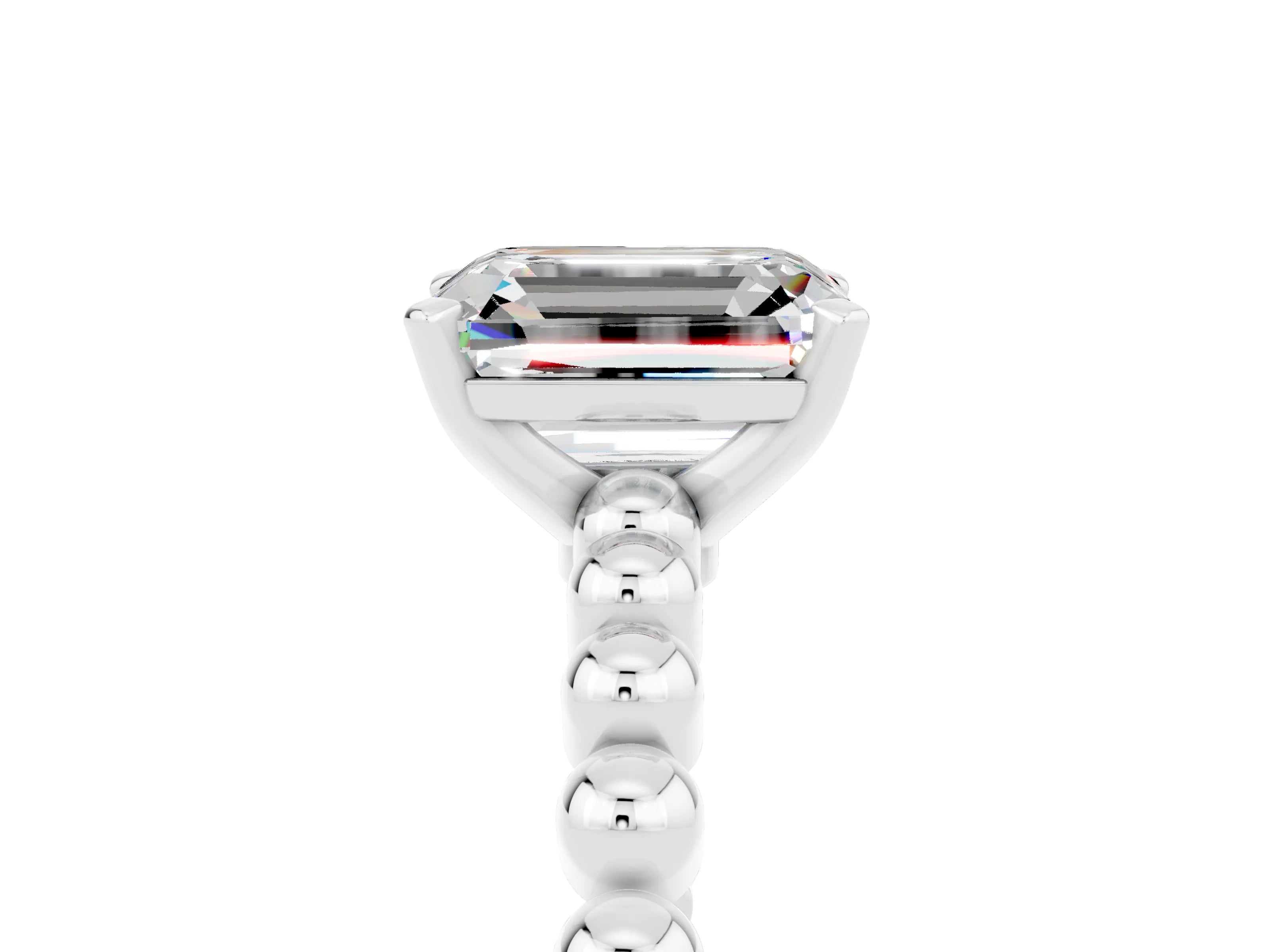 White gold Emerald Cut Moissanite Solitaire Ring with Beaded Band and Prong Setting_41