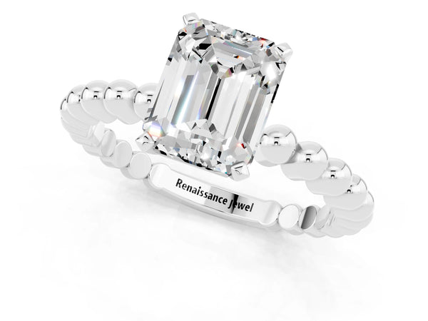 White gold Emerald Cut Moissanite Solitaire Ring with Beaded Band and Prong Setting