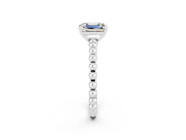 White gold Emerald Cut Moissanite Solitaire Ring with Beaded Band and Prong Setting