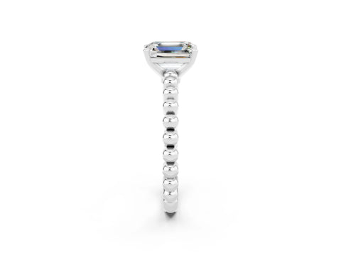 White gold Emerald Cut Moissanite Solitaire Ring with Beaded Band and Prong Setting_48