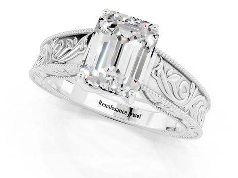 White gold Emerald Cut Moissanite Solitaire Ring with Engraved Band and Four-Prong Setting_1