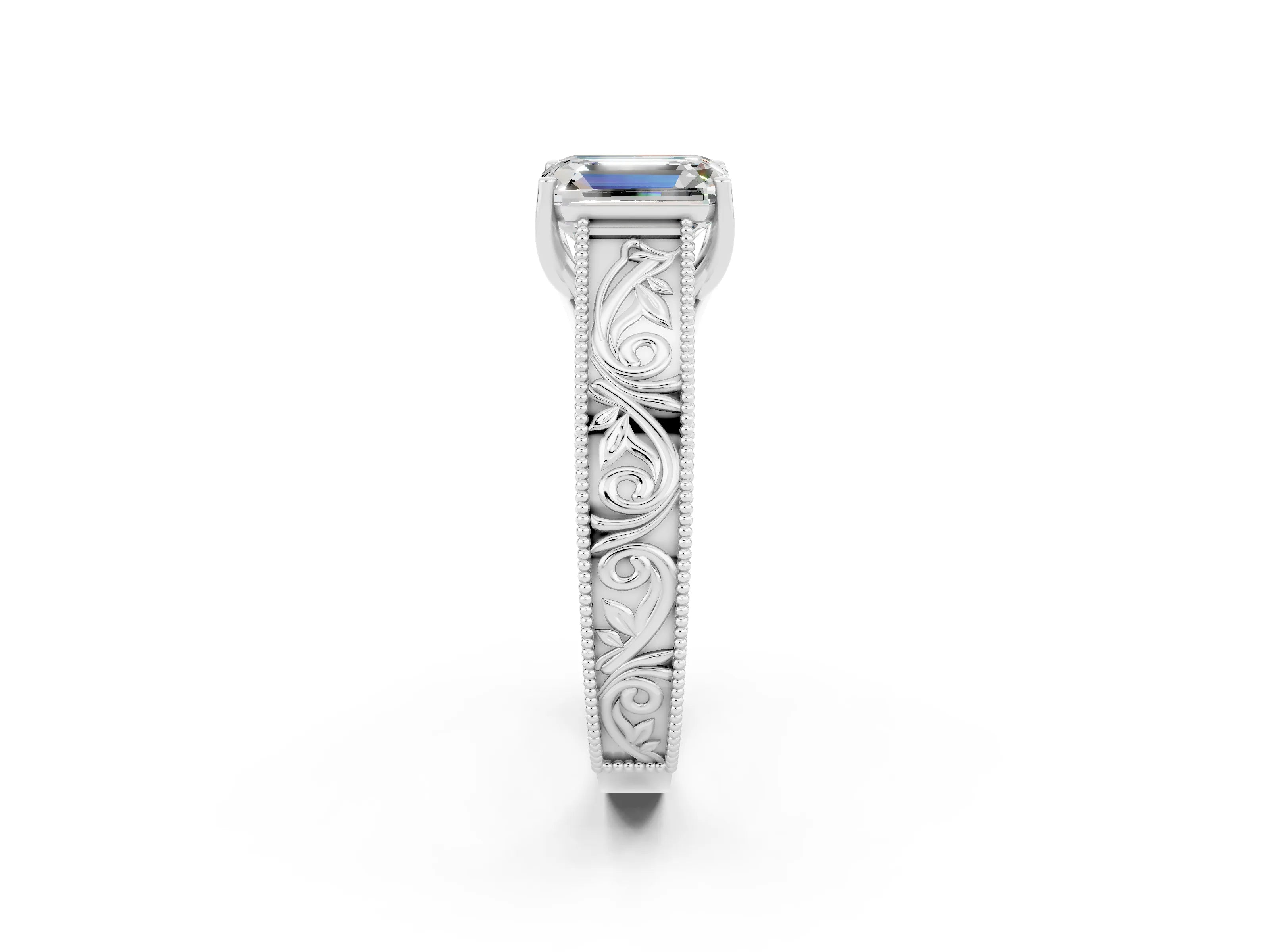 White gold Emerald Cut Moissanite Solitaire Ring with Engraved Band and Four-Prong Setting_2