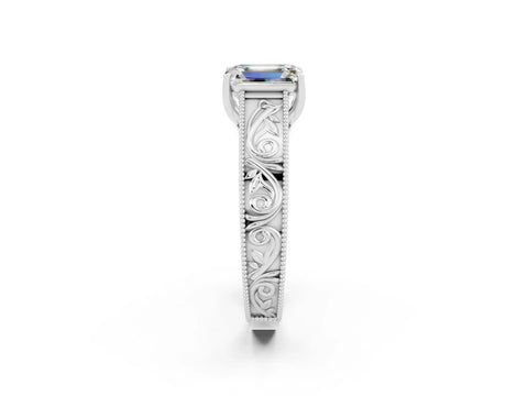 White gold Emerald Cut Moissanite Solitaire Ring with Engraved Band and Four-Prong Setting_2