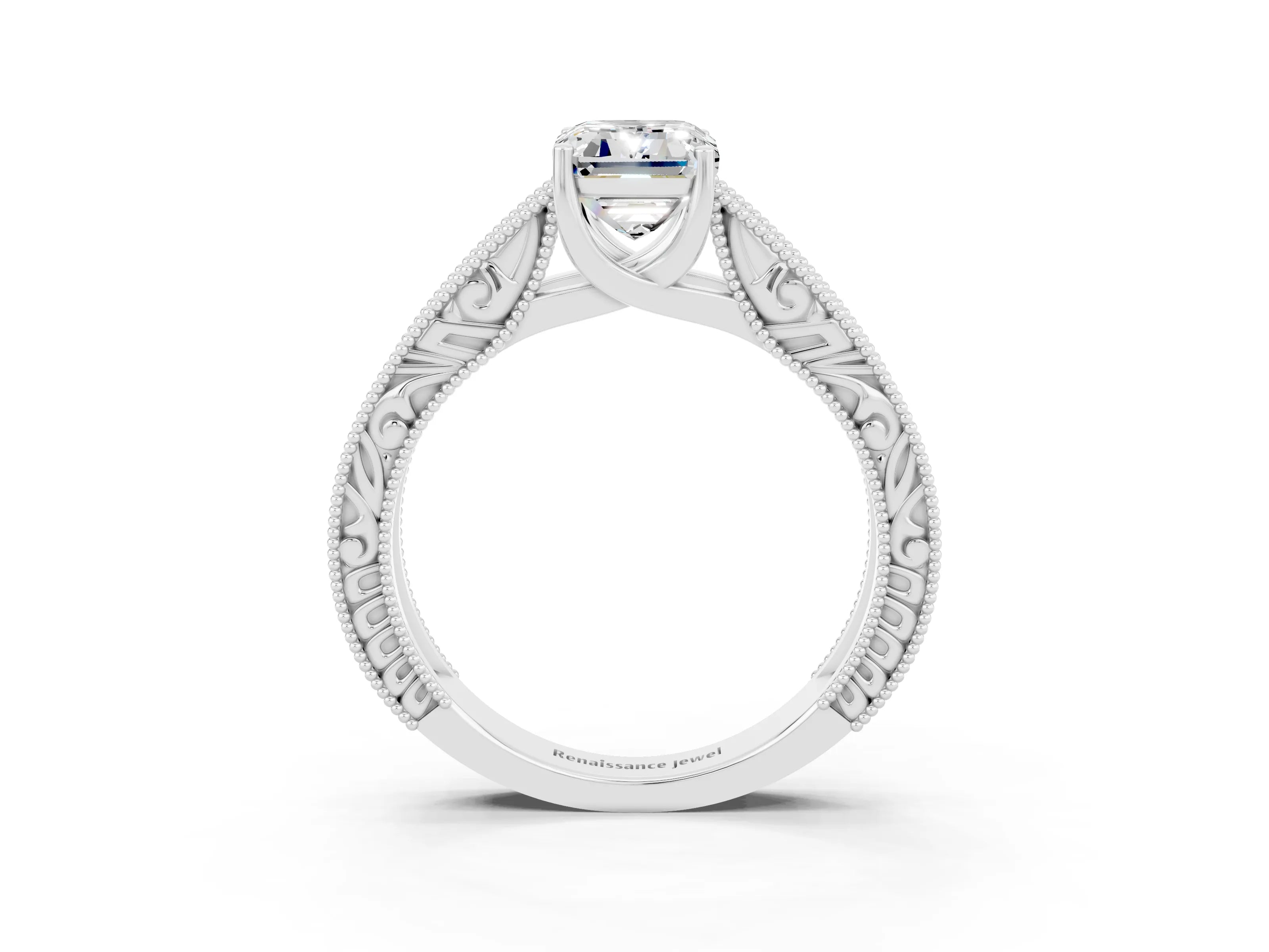 White gold Emerald Cut Moissanite Solitaire Ring with Engraved Band and Four-Prong Setting_3
