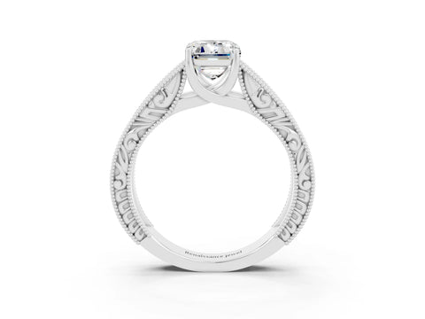 White gold Emerald Cut Moissanite Solitaire Ring with Engraved Band and Four-Prong Setting_3