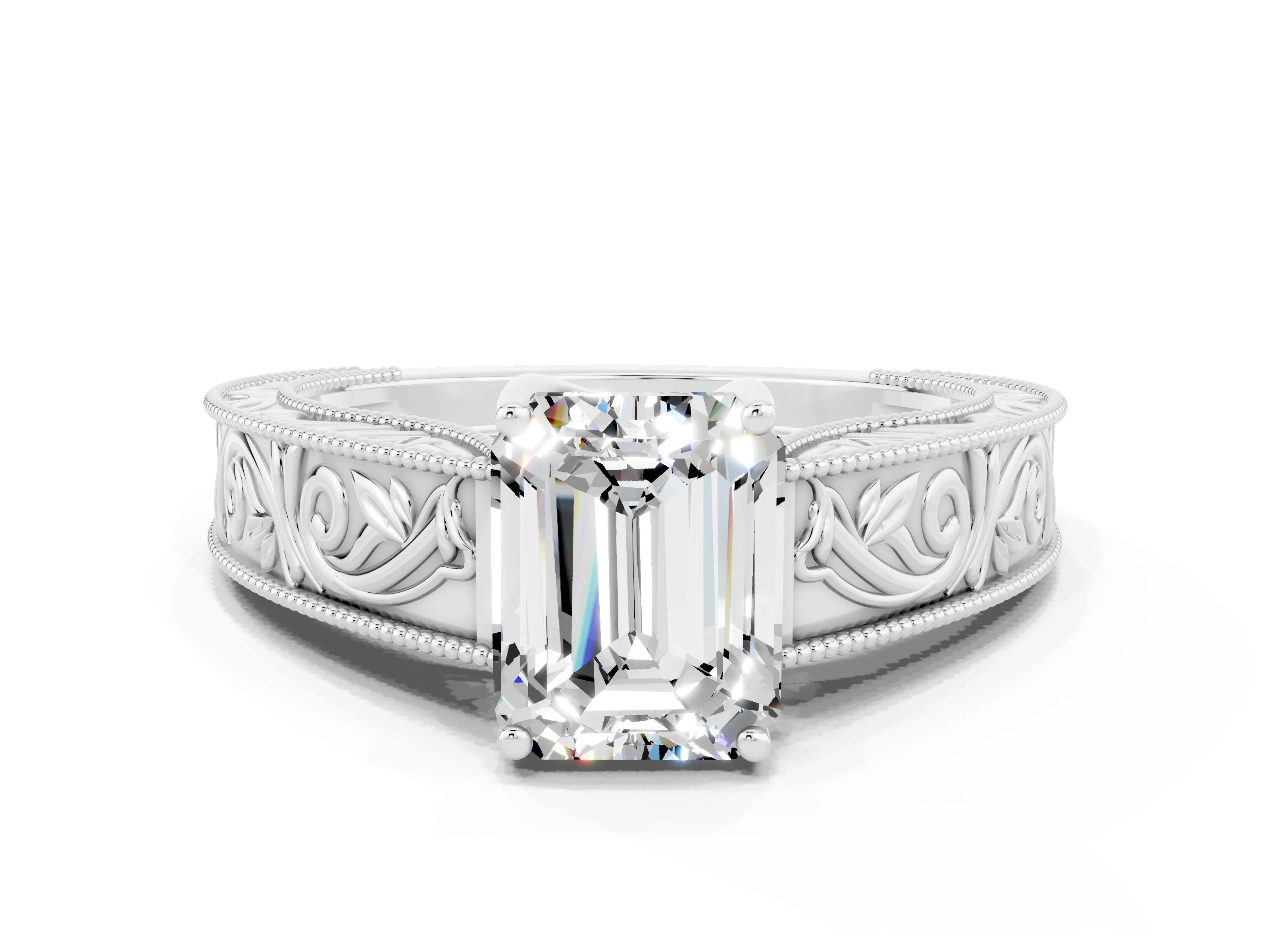 White gold Emerald Cut Moissanite Solitaire Ring with Engraved Band and Four-Prong Setting