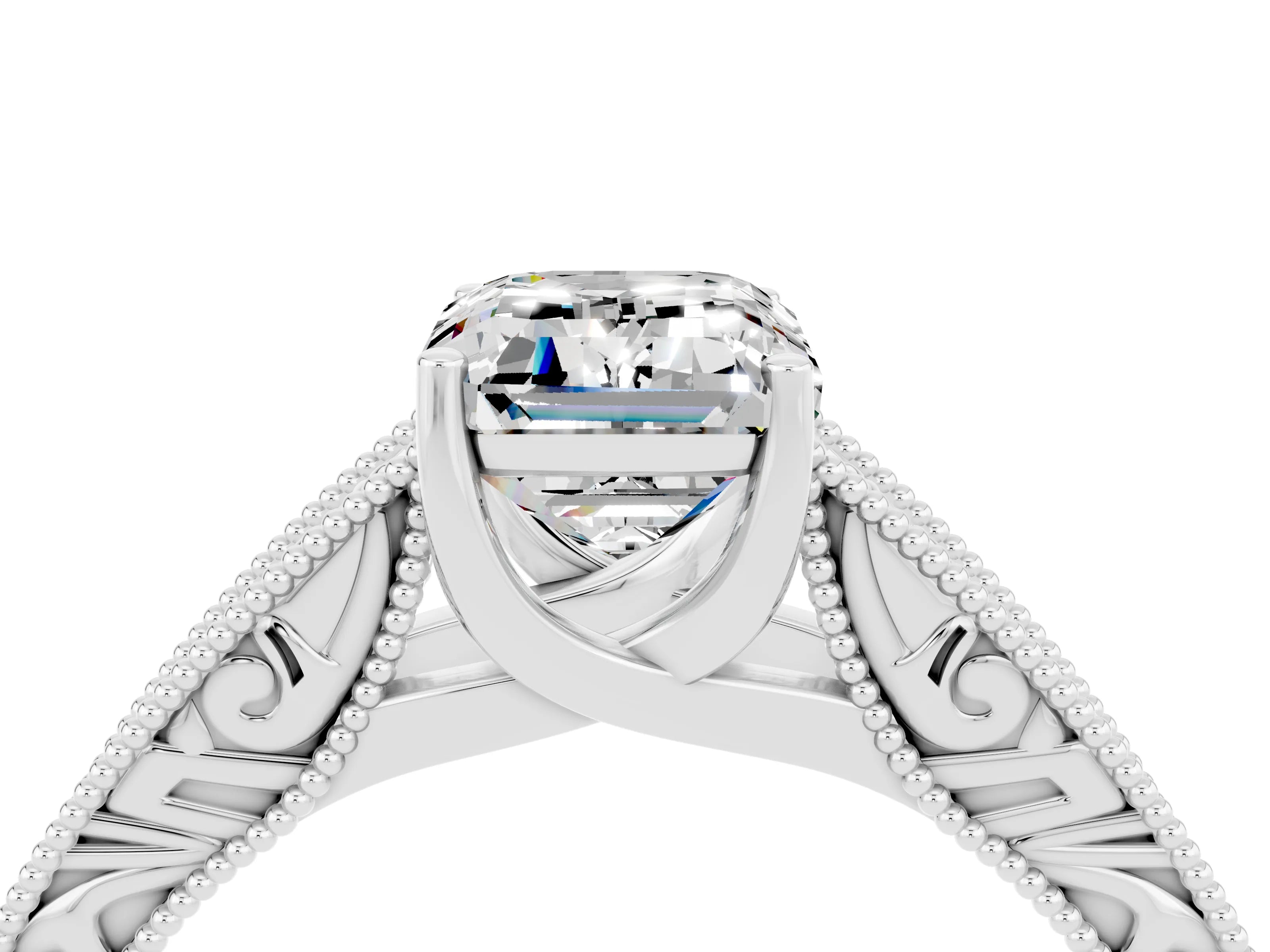 White gold Emerald Cut Moissanite Solitaire Ring with Engraved Band and Four-Prong Setting_4