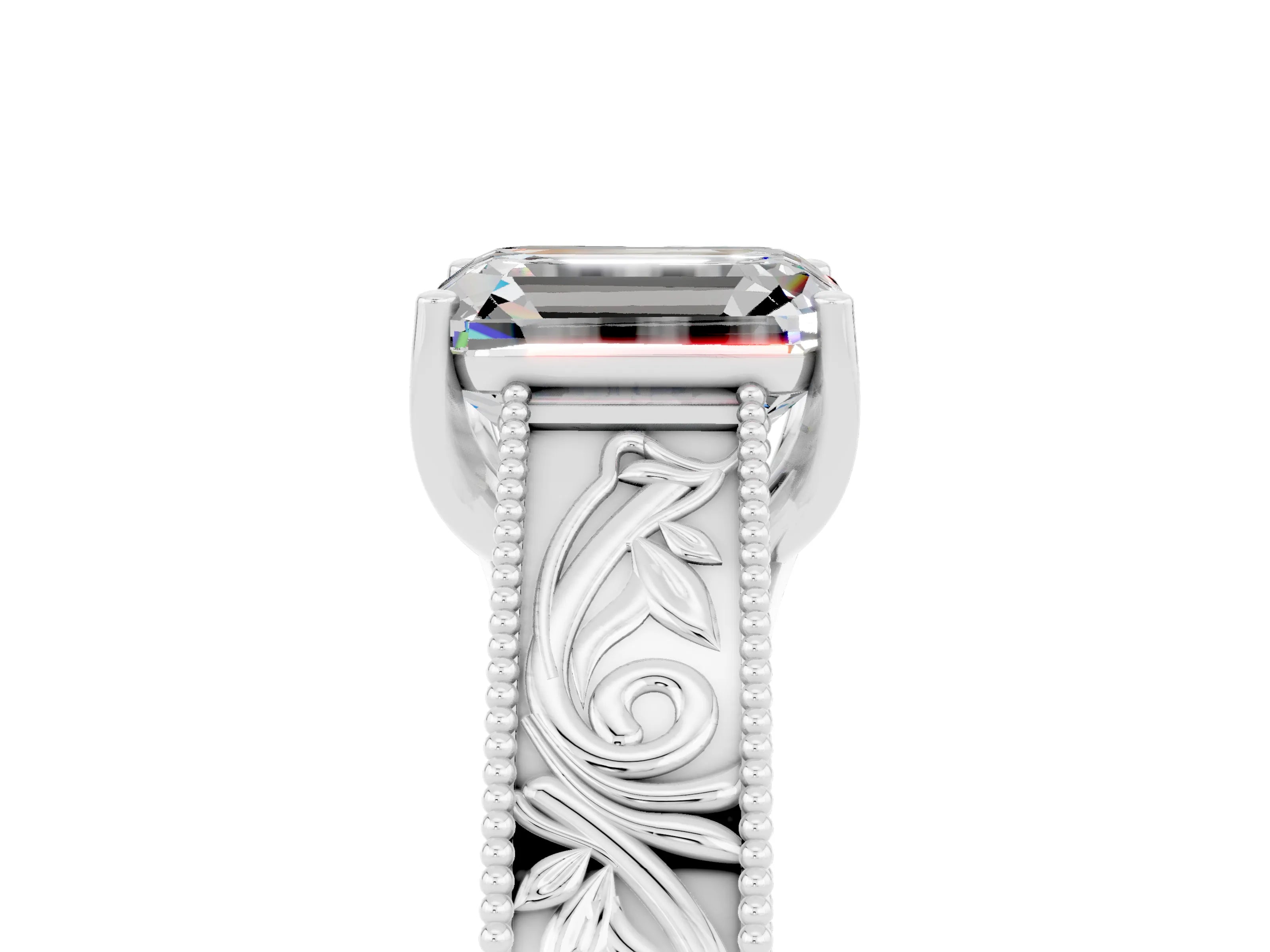 White gold Emerald Cut Moissanite Solitaire Ring with Engraved Band and Four-Prong Setting_5