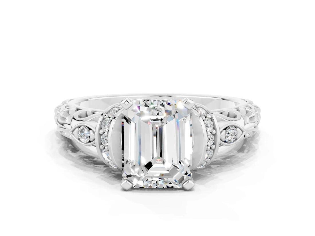 White gold Emerald Cut Moissanite Solitaire Ring with Filigree Band and Four-Prong Setting_24