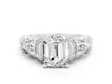 White gold Emerald Cut Moissanite Solitaire Ring with Filigree Band and Four-Prong Setting_24