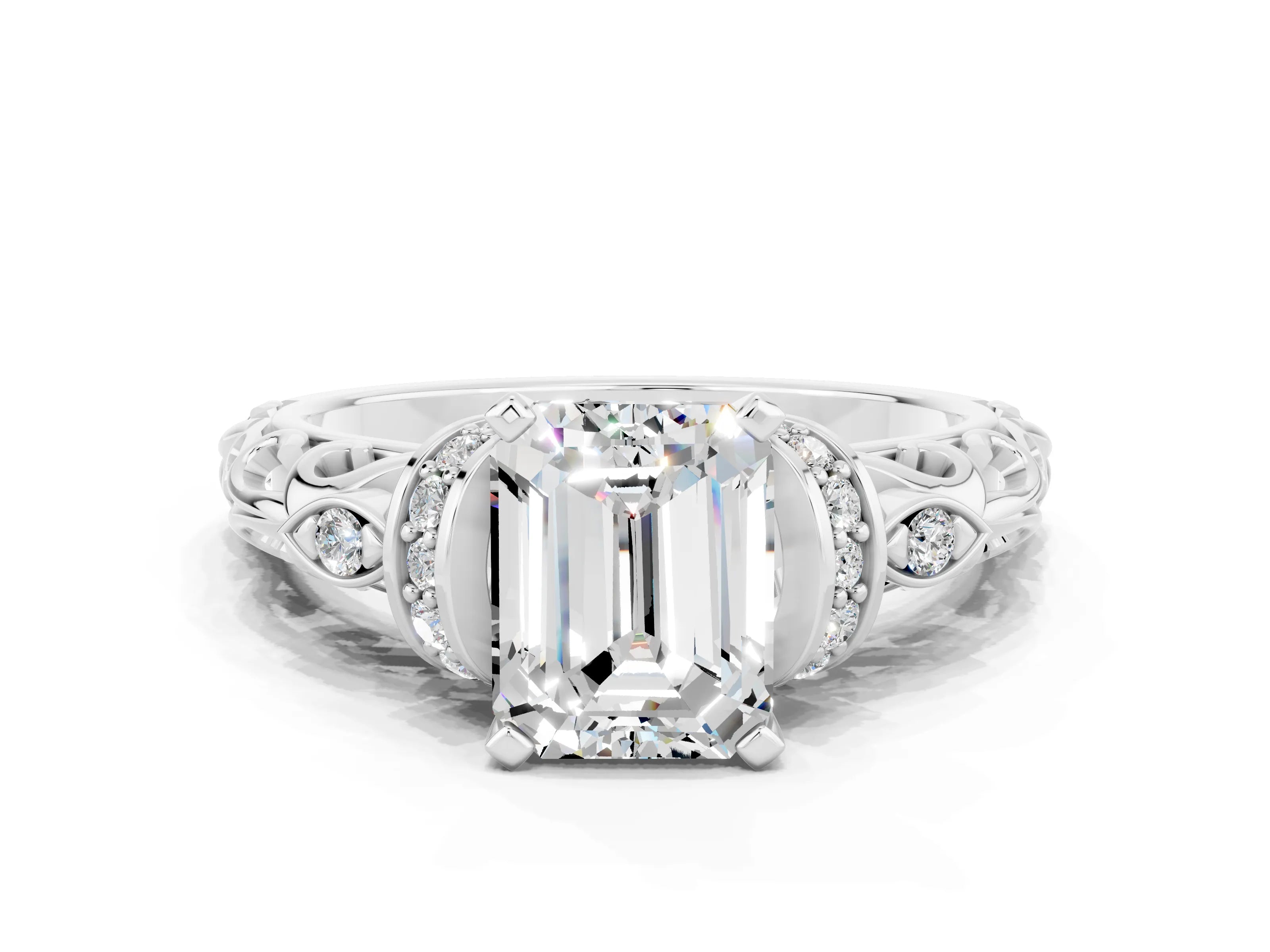 White gold Emerald Cut Moissanite Solitaire Ring with Filigree Band and Four-Prong Setting_24