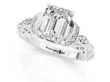 White gold Emerald Cut Moissanite Solitaire Ring with Filigree Band and Four-Prong Setting_25