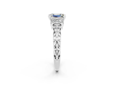 White gold Emerald Cut Moissanite Solitaire Ring with Filigree Band and Four-Prong Setting_26