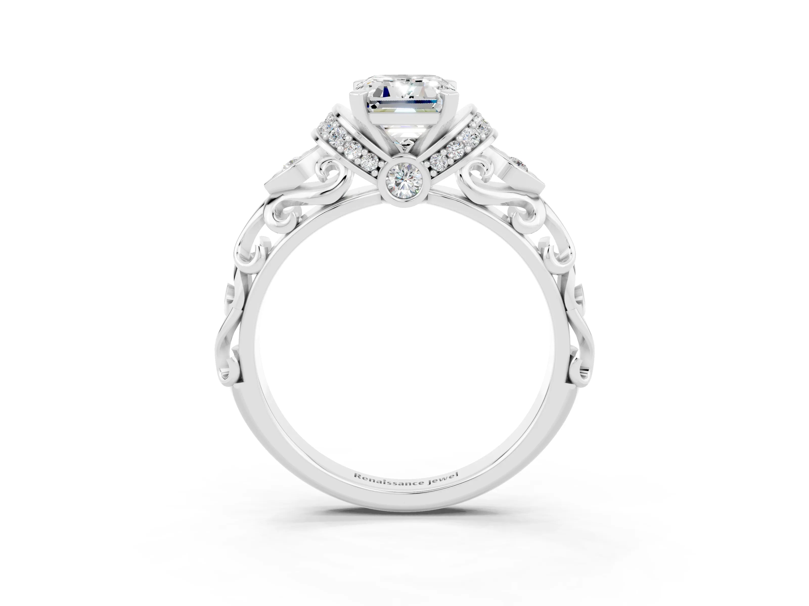 White gold Emerald Cut Moissanite Solitaire Ring with Filigree Band and Four-Prong Setting_27