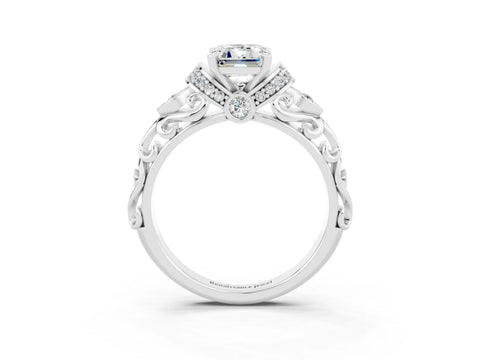 White gold Emerald Cut Moissanite Solitaire Ring with Filigree Band and Four-Prong Setting_27