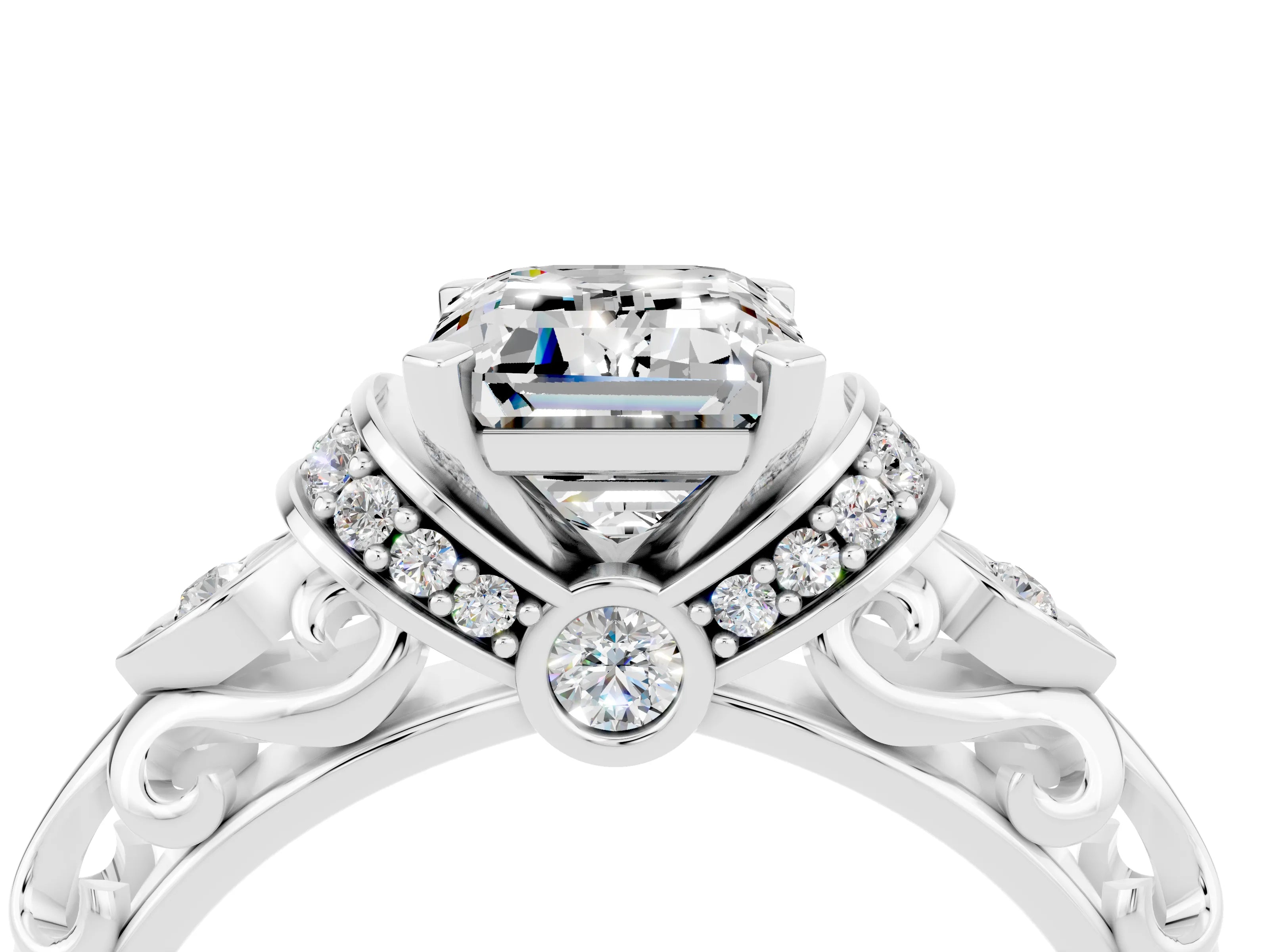 White gold Emerald Cut Moissanite Solitaire Ring with Filigree Band and Four-Prong Setting_28