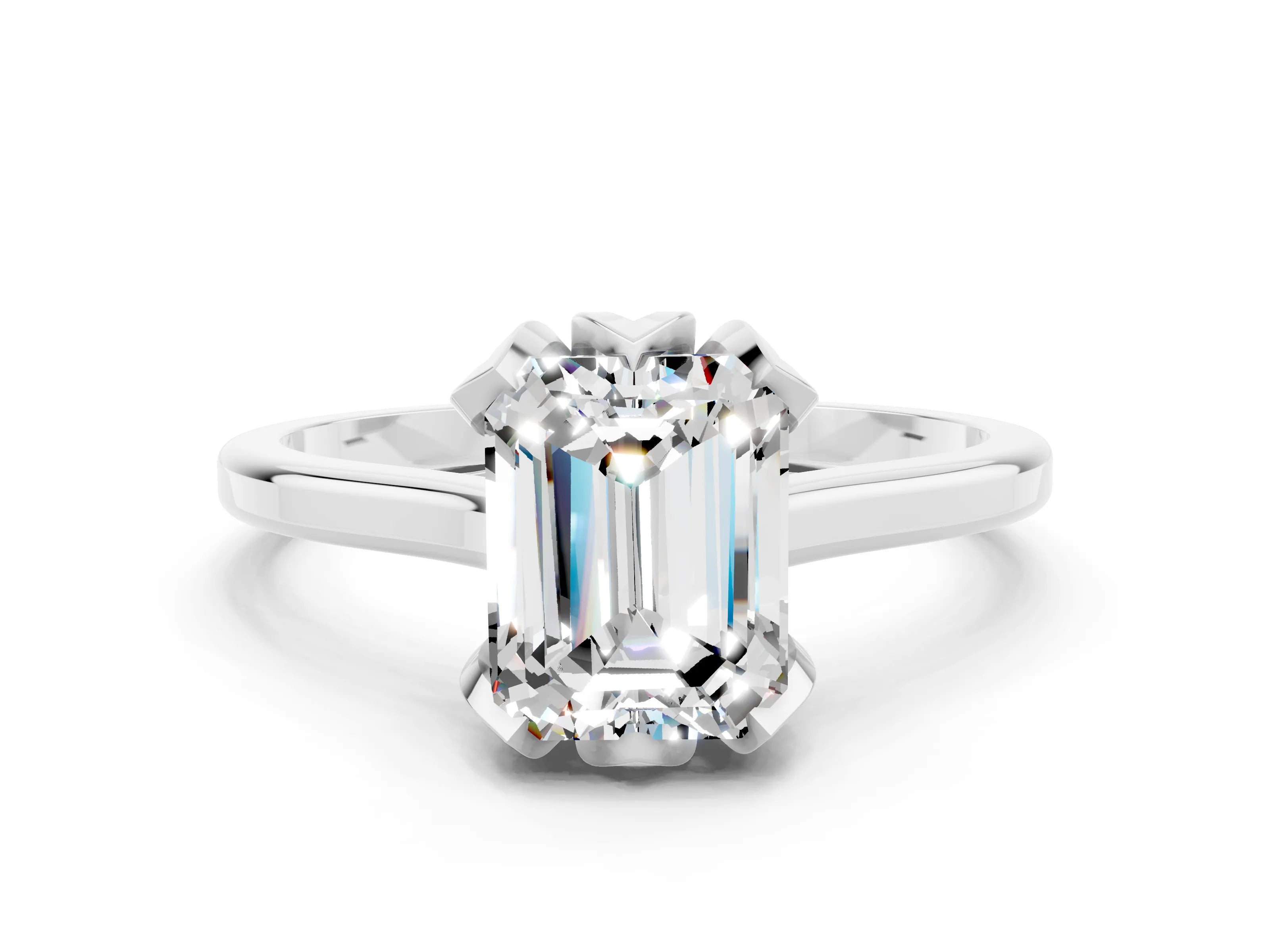 White gold Emerald Cut Moissanite Solitaire Ring with Flower Prong Setting and Classic Band_12