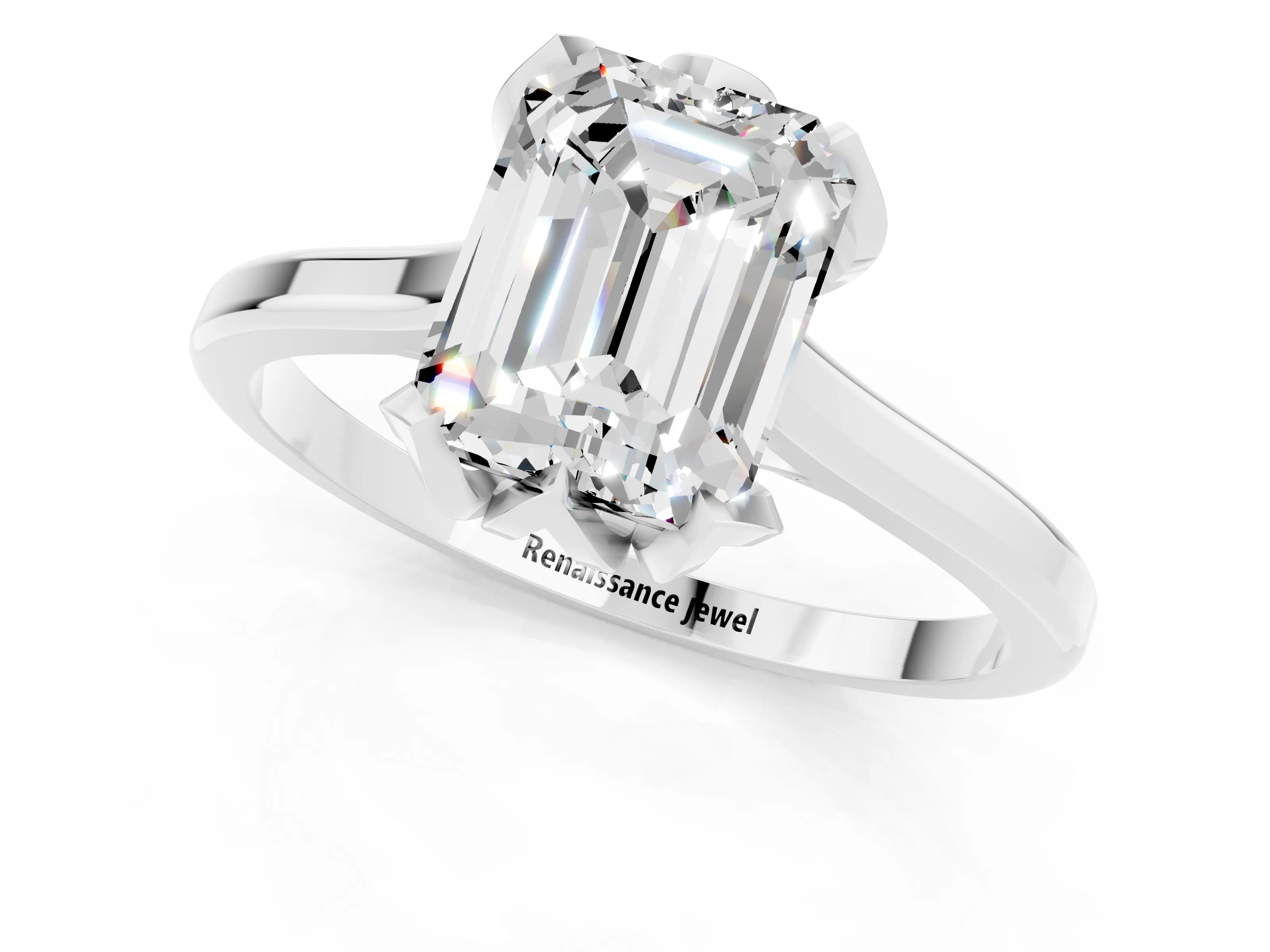 White gold Emerald Cut Moissanite Solitaire Ring with Flower Prong Setting and Classic Band_13