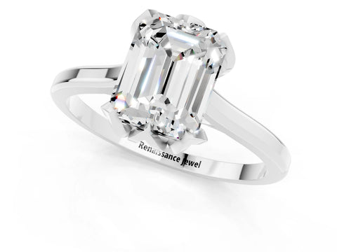 White gold Emerald Cut Moissanite Solitaire Ring with Flower Prong Setting and Classic Band_13