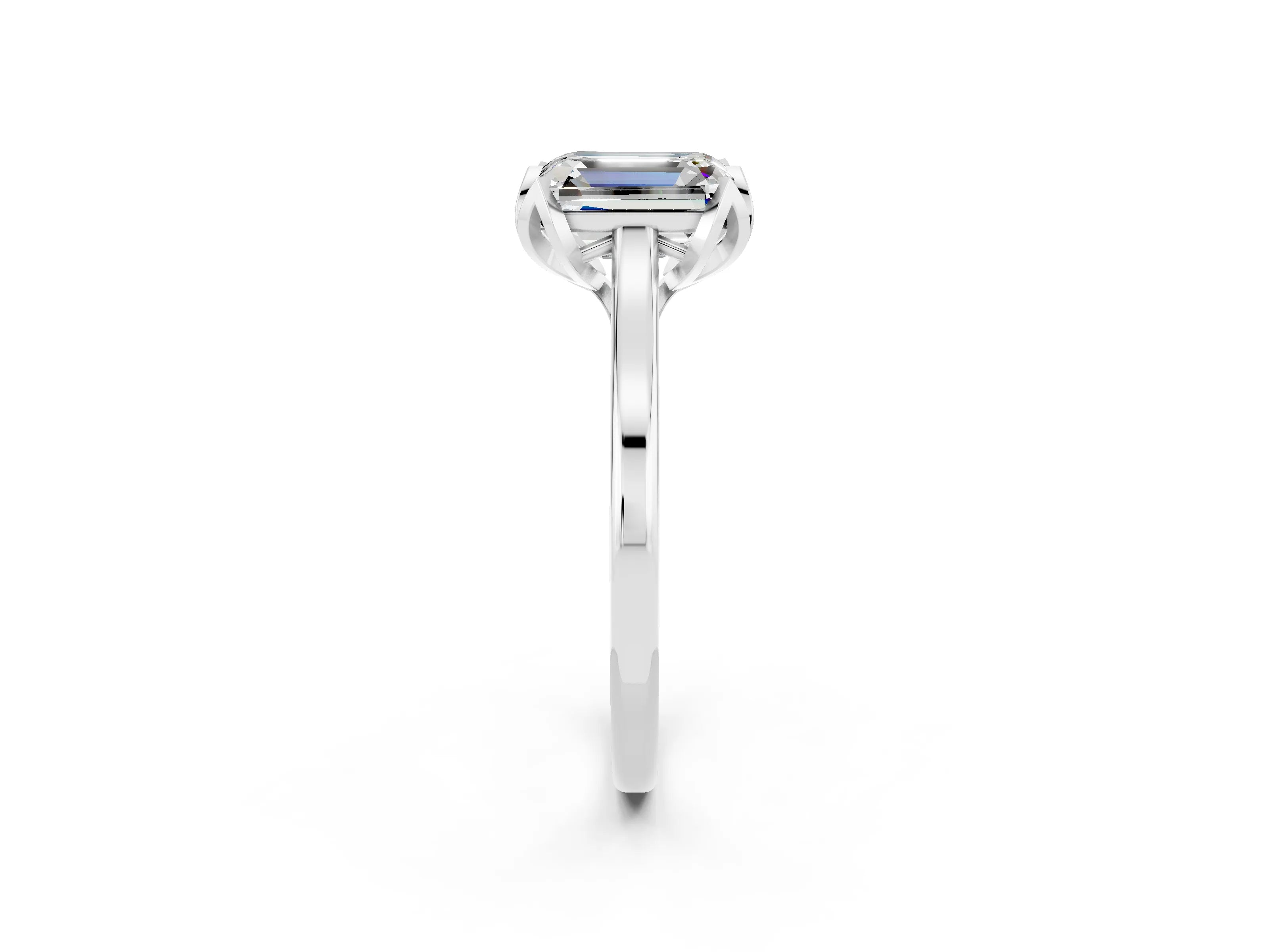 White gold Emerald Cut Moissanite Solitaire Ring with Flower Prong Setting and Classic Band_14