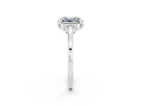 White gold Emerald Cut Moissanite Solitaire Ring with Flower Prong Setting and Classic Band_14