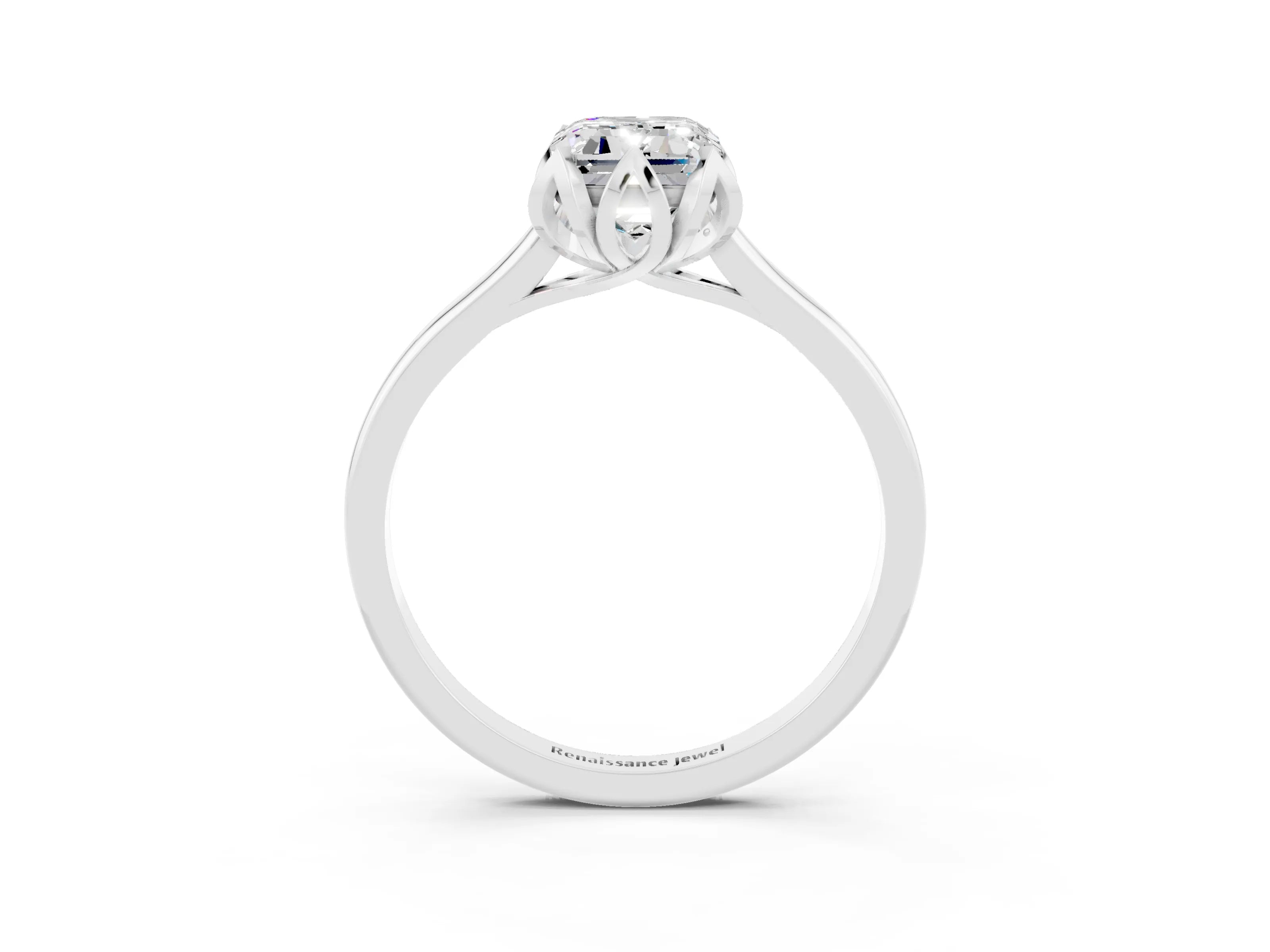 White gold Emerald Cut Moissanite Solitaire Ring with Flower Prong Setting and Classic Band_15