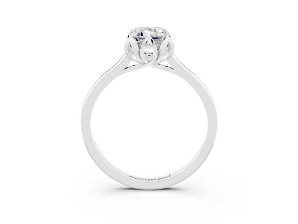 Silver Emerald Cut Moissanite Solitaire Ring with Flower Prong Setting and Classic Band