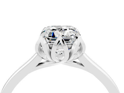 White gold Emerald Cut Moissanite Solitaire Ring with Flower Prong Setting and Classic Band_16