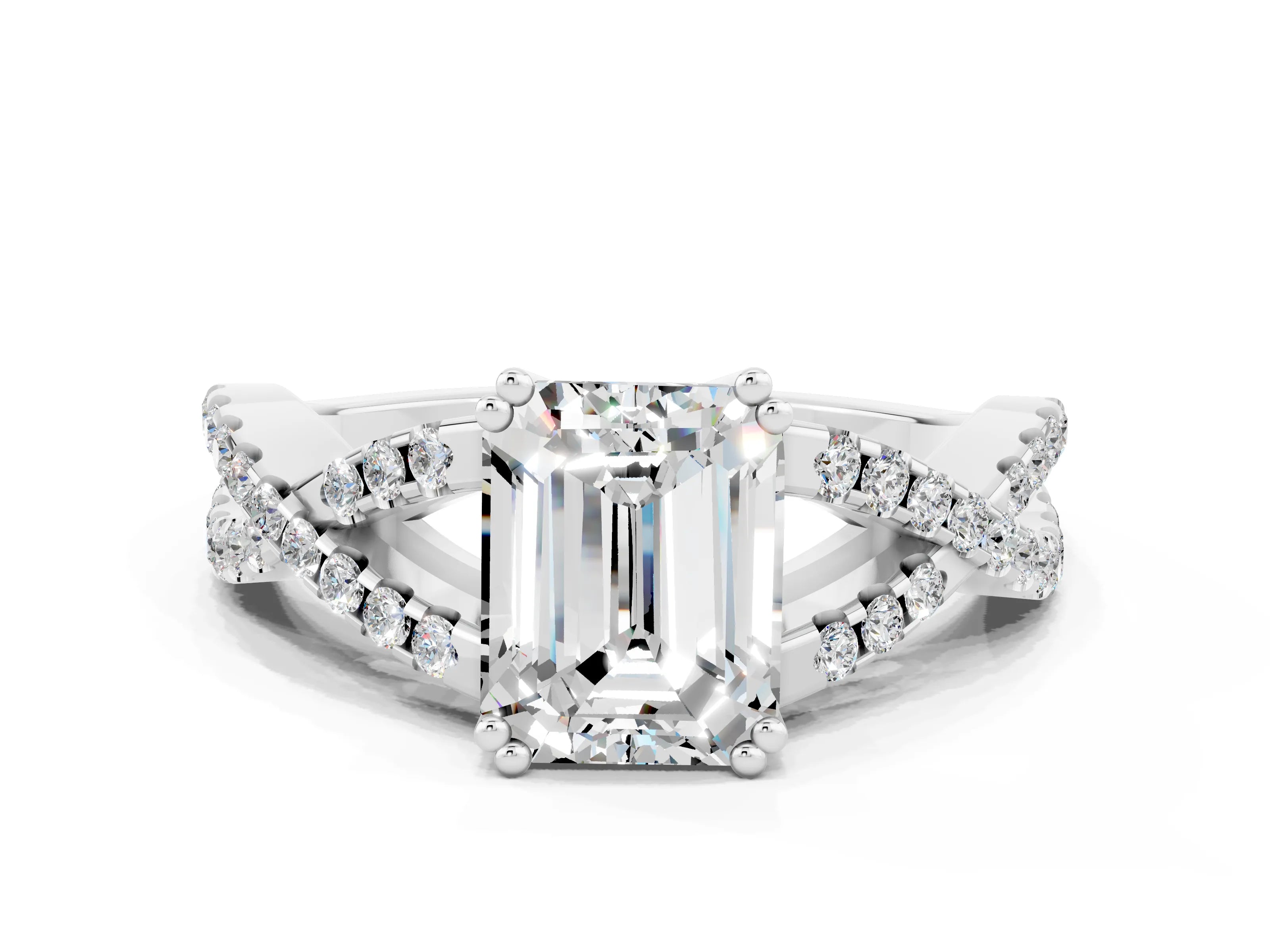 White gold Emerald Cut Moissanite Solitaire Ring with Four-Prong Setting and Twisted Pavé Band