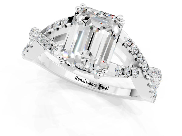 Platinum Emerald Cut Moissanite Solitaire Ring with Four-Prong Setting and Twisted Pavé Band