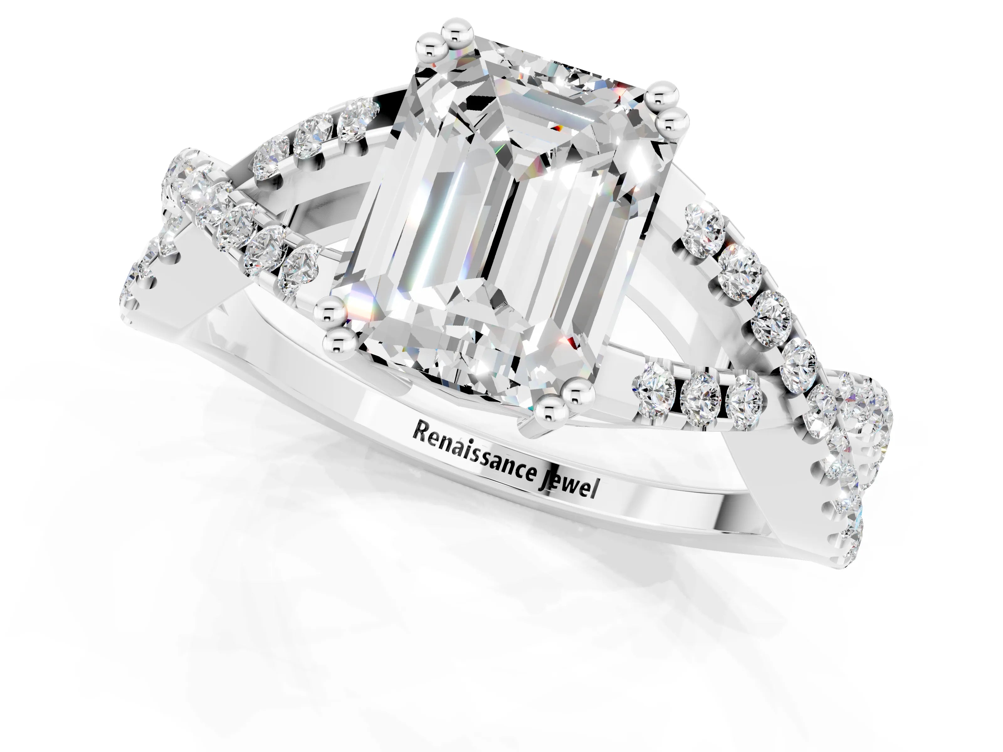 White gold Emerald Cut Moissanite Solitaire Ring with Four-Prong Setting and Twisted Pavé Band_1