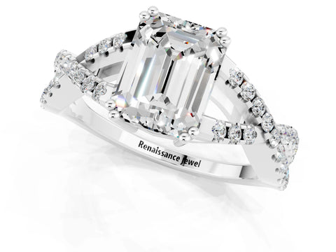 White gold Emerald Cut Moissanite Solitaire Ring with Four-Prong Setting and Twisted Pavé Band_1