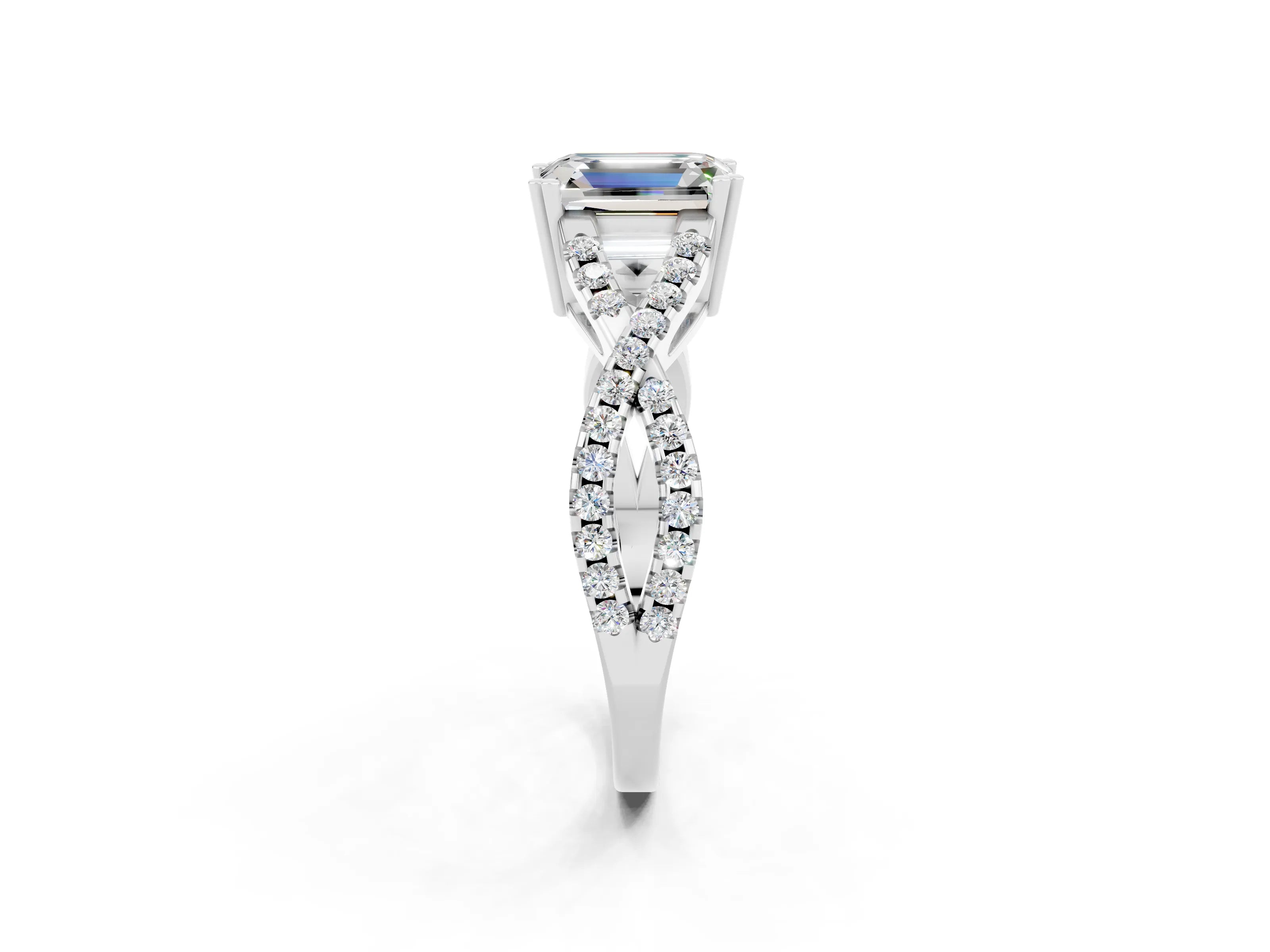 White gold Emerald Cut Moissanite Solitaire Ring with Four-Prong Setting and Twisted Pavé Band_2