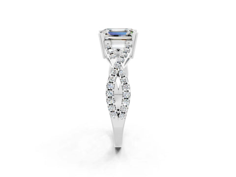 White gold Emerald Cut Moissanite Solitaire Ring with Four-Prong Setting and Twisted Pavé Band_2