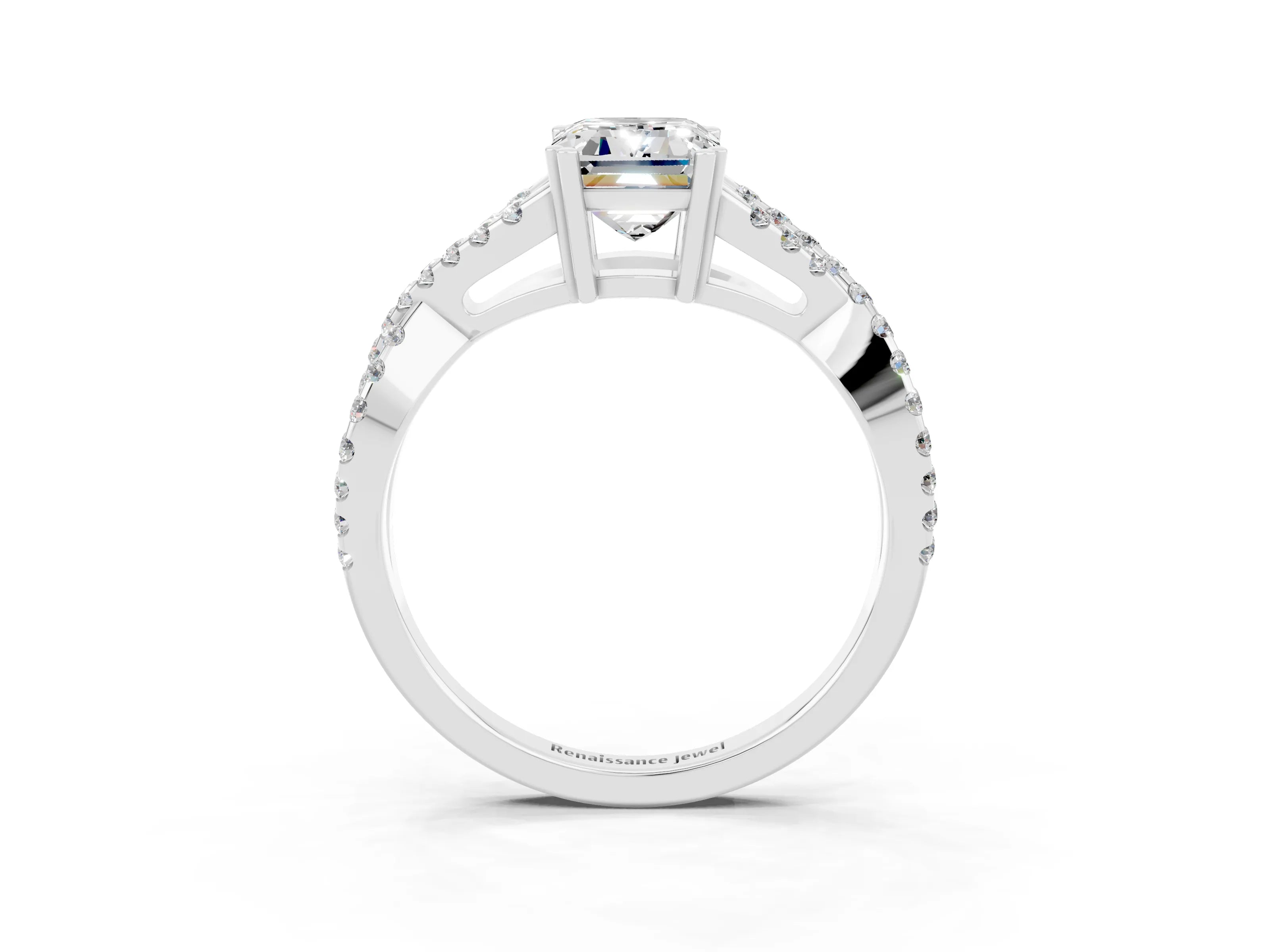 White gold Emerald Cut Moissanite Solitaire Ring with Four-Prong Setting and Twisted Pavé Band_3