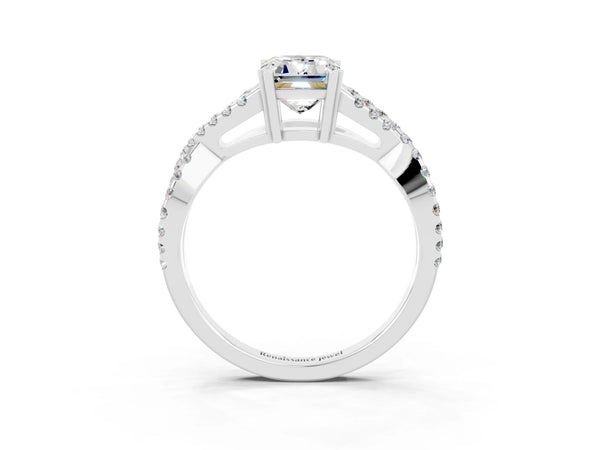 White gold Emerald Cut Moissanite Solitaire Ring with Four-Prong Setting and Twisted Pavé Band