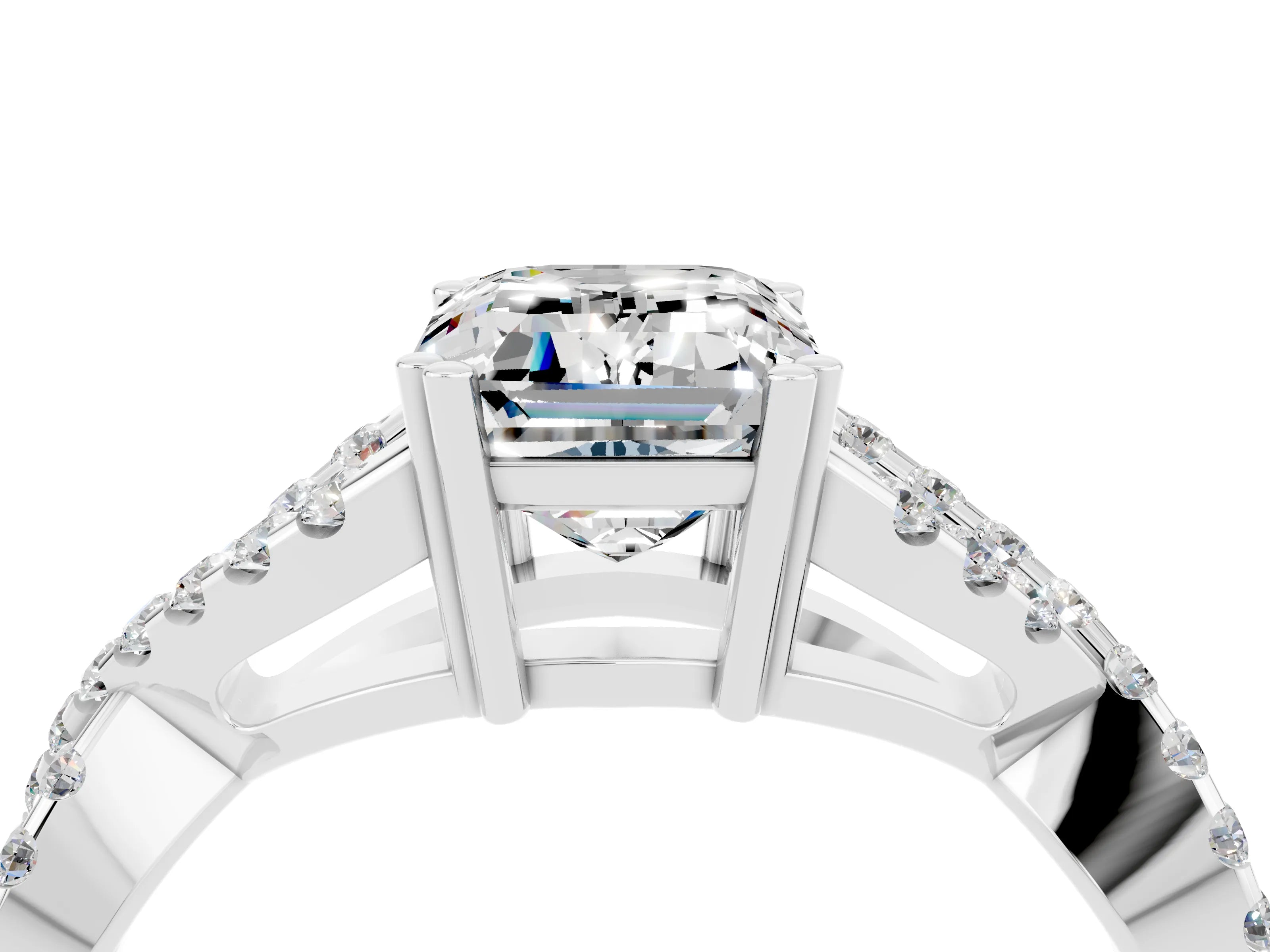 White gold Emerald Cut Moissanite Solitaire Ring with Four-Prong Setting and Twisted Pavé Band_4