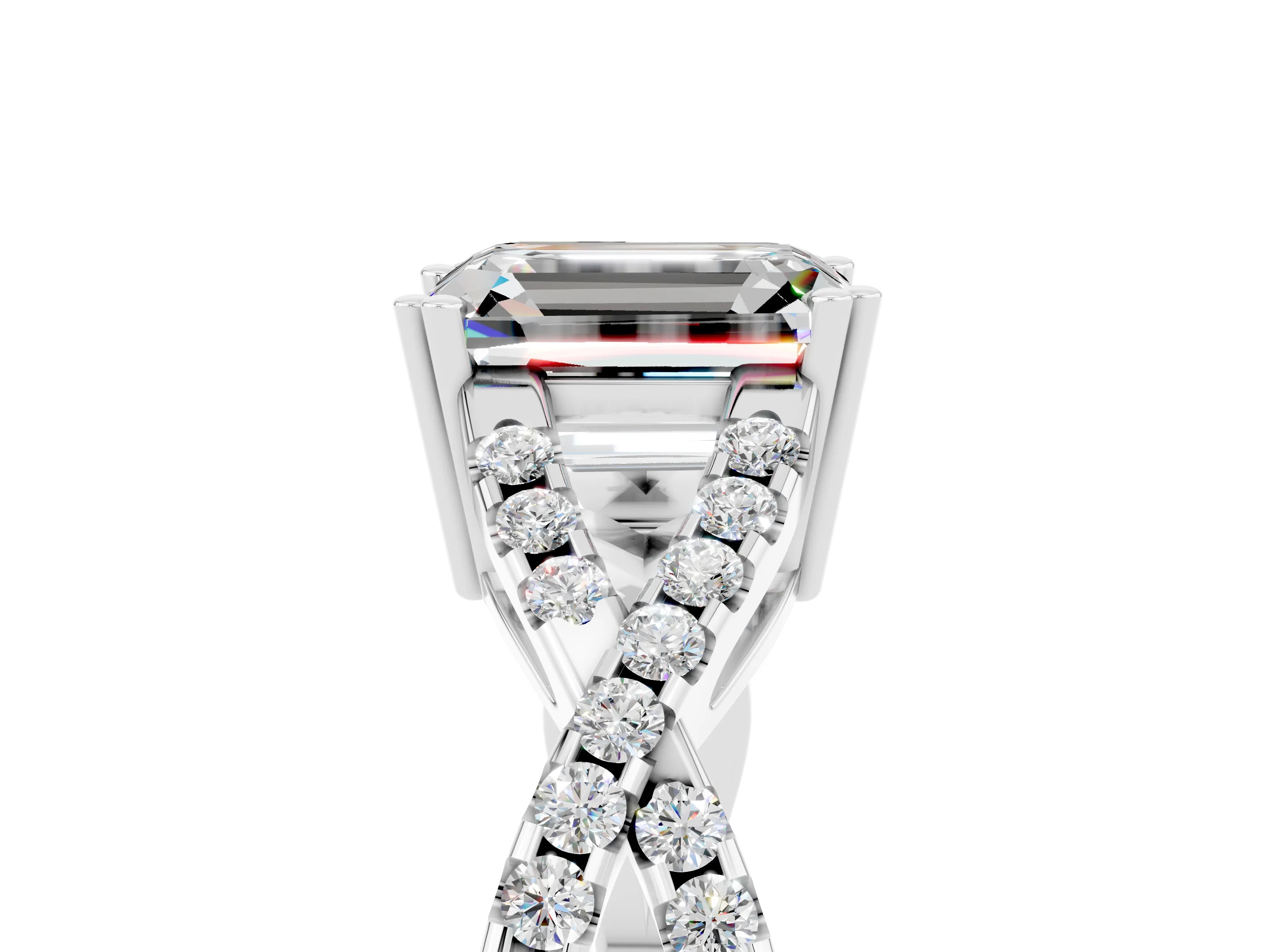 White gold Emerald Cut Moissanite Solitaire Ring with Four-Prong Setting and Twisted Pavé Band_5