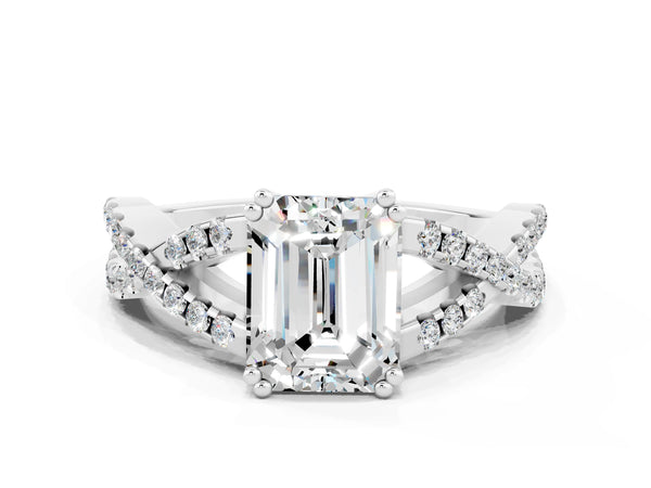 Silver Emerald Cut Moissanite Solitaire Ring with Four-Prong Setting and Twisted Pavé Band