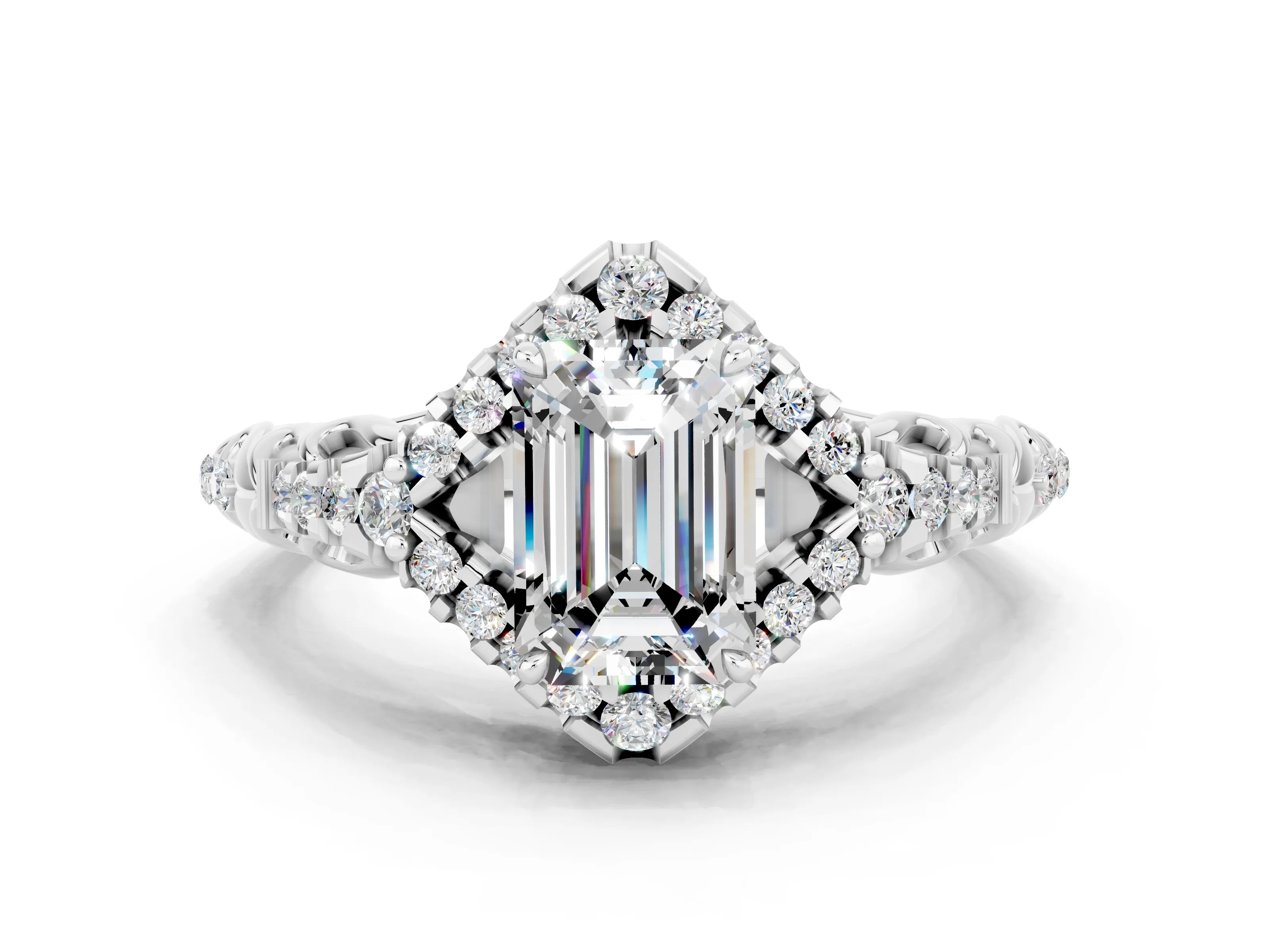 White gold Emerald Cut Moissanite Solitaire Ring with Hidden Halo and Pavé Band_12