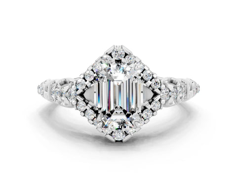 White gold Emerald Cut Moissanite Solitaire Ring with Hidden Halo and Pavé Band_12