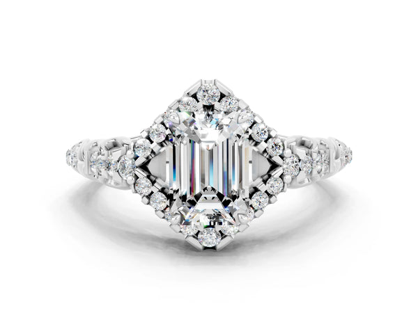 Silver Emerald Cut Moissanite Solitaire Ring with Hidden Halo and Pavé Band