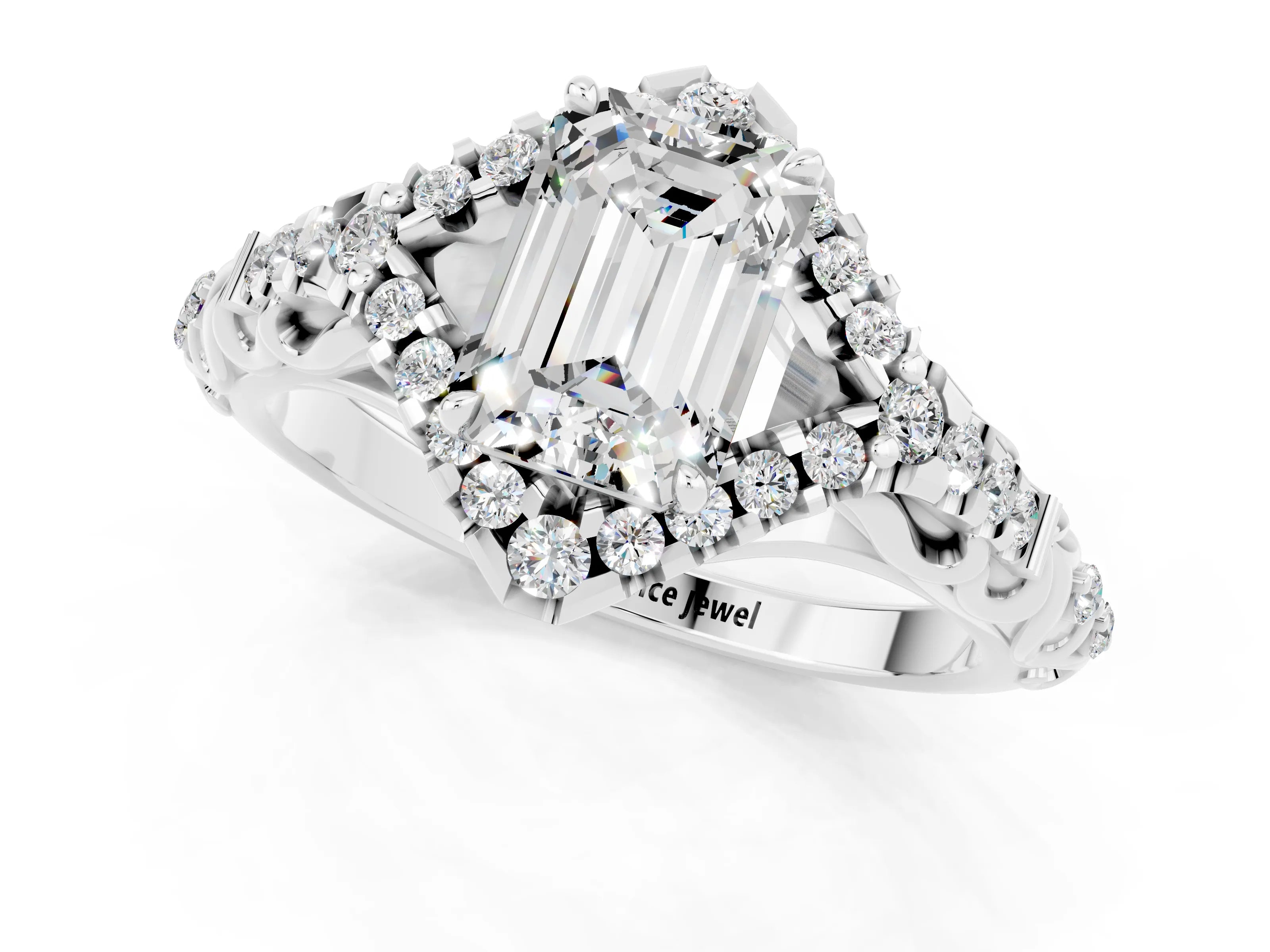 White gold Emerald Cut Moissanite Solitaire Ring with Hidden Halo and Pavé Band_13