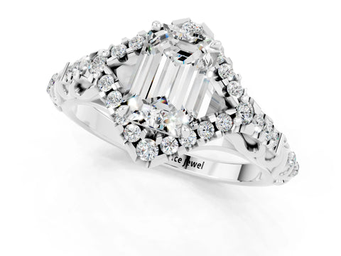 White gold Emerald Cut Moissanite Solitaire Ring with Hidden Halo and Pavé Band_13
