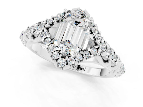 Silver Emerald Cut Moissanite Solitaire Ring with Hidden Halo and Pavé Band