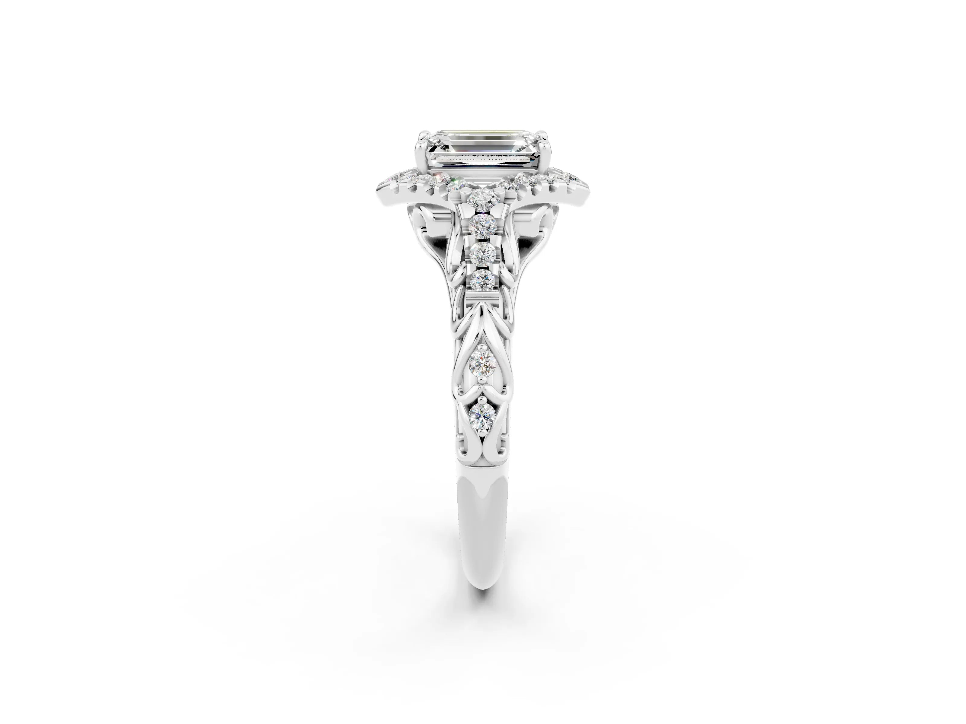 White gold Emerald Cut Moissanite Solitaire Ring with Hidden Halo and Pavé Band_14