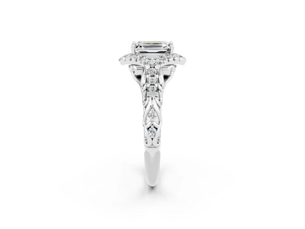 Platinum Emerald Cut Moissanite Solitaire Ring with Hidden Halo and Pavé Band