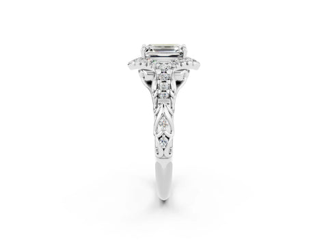 White gold Emerald Cut Moissanite Solitaire Ring with Hidden Halo and Pavé Band_14