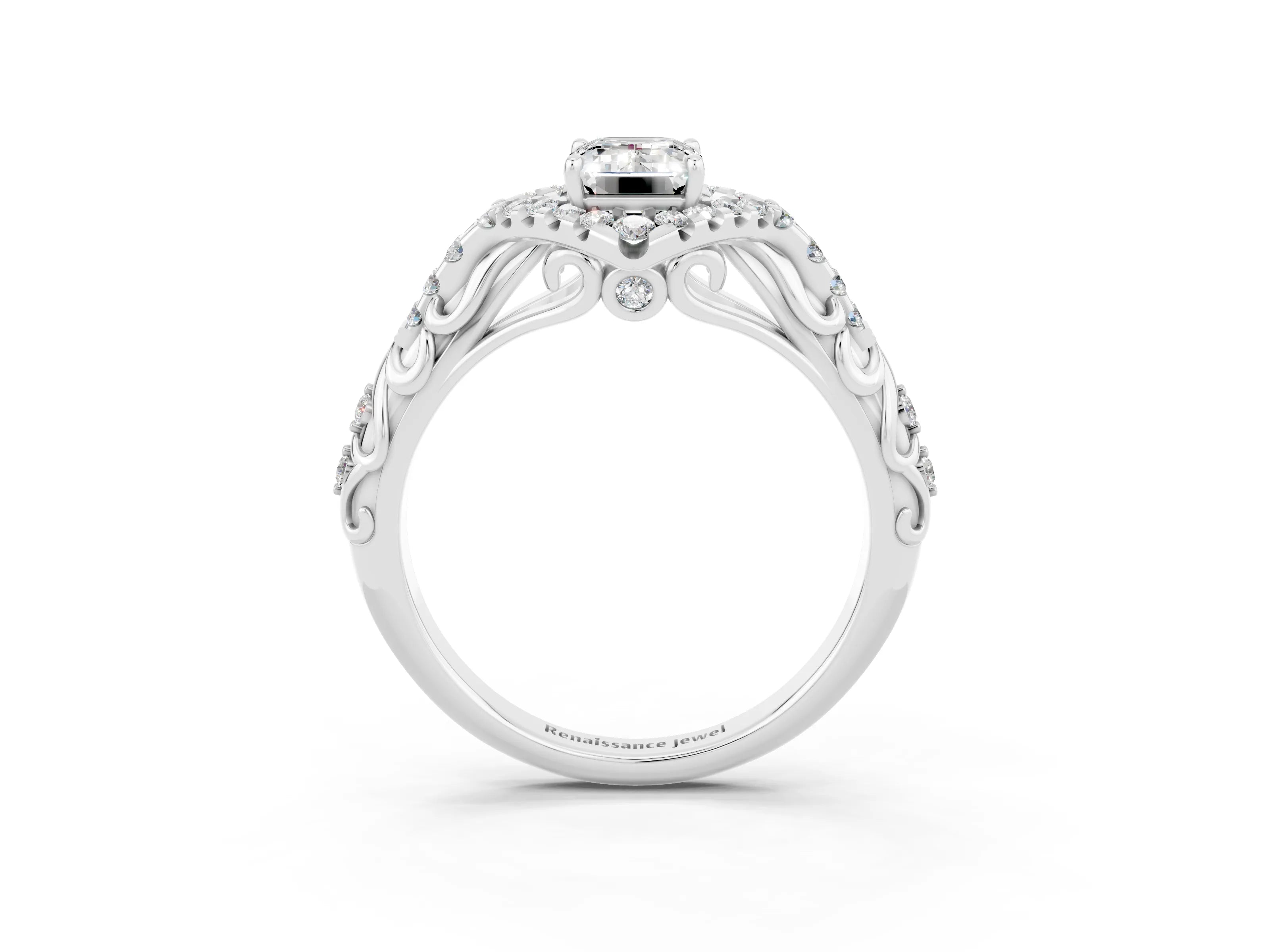 White gold Emerald Cut Moissanite Solitaire Ring with Hidden Halo and Pavé Band_15